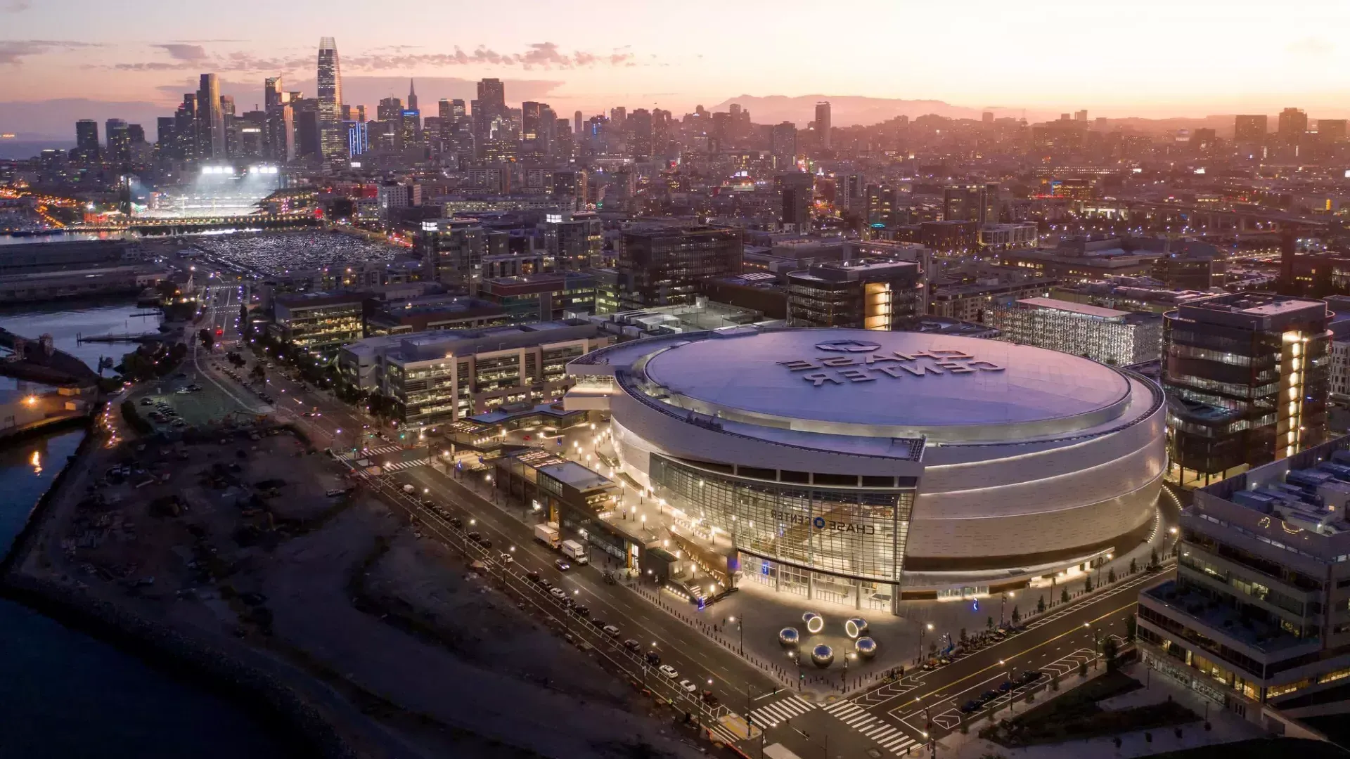 Aerial view of San Francisco's Chase Center at night.